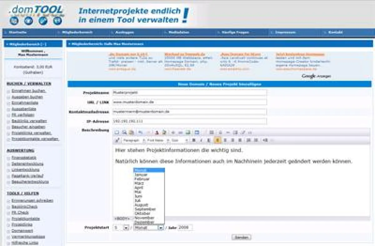Jeder kann kostenlos mittesten und auch noch gewinnen, Für Domain- und Homepagebetreiber. Ein Screenshot aus www.domtool.de