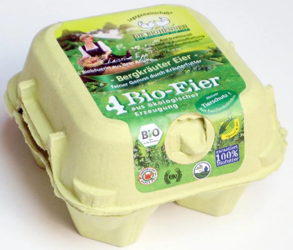 Immer frische Eier auch für den kleinen Haushalt mit den Bergkräutereier der Biohennen AG im 4-er Pack.