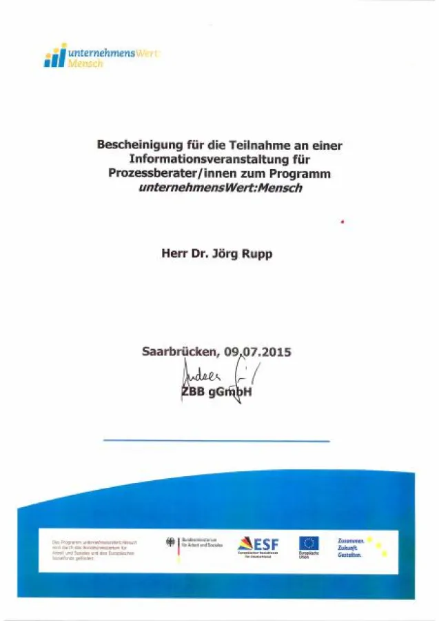 Bescheinigung zur Teilnahme an einer Informationsveranstaltung für Prozessberater/innen zum Programm