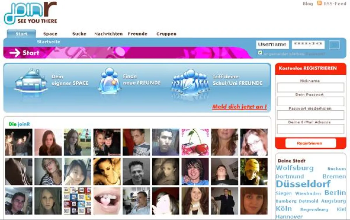 Die Startseite von joinR ermöglicht durch den einfachen und klaren Aufbau den leichten Einstieg in die Online-Community