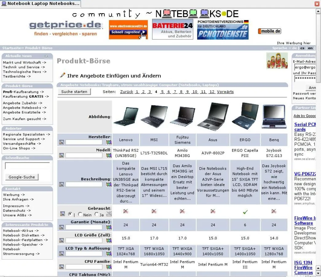 Umfangreiche Such- und Vergleichsfunktionen der Datenbank auf www.notebooks.de/portal