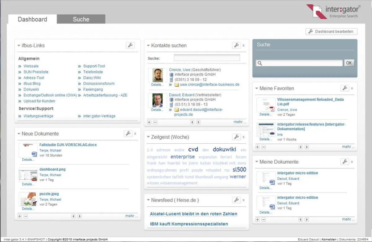 Das Dashboard basiert auf der systemübergreifenden Suche von inter:gator