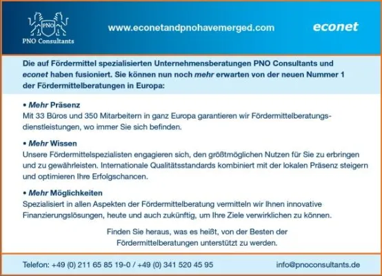 PNO Consultants und econet haben fusioniert – Europaweite Präsenz beider Fördermittelberatungen Bild: PNO Consultants und econet haben fusioniert – Europaweite Präsenz beider Fördermittelberatungen