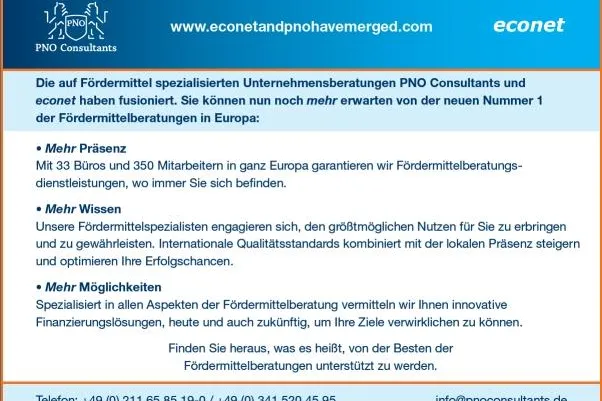 PNO Consultants und econet haben fusioniert – Europaweite Präsenz beider Fördermittelberatungen Bild: PNO Consultants und econet haben fusioniert – Europaweite Präsenz beider Fördermittelberatungen