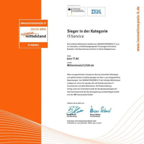 Bild: MittelstandsCLOUD.de erhält Innovationspreis der Initiative Mittelstand 2012