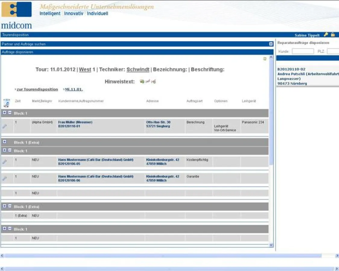 Die midcom-Tourenplanung erleichtert dem Disponenten die Einteilung der Techniker erheblich