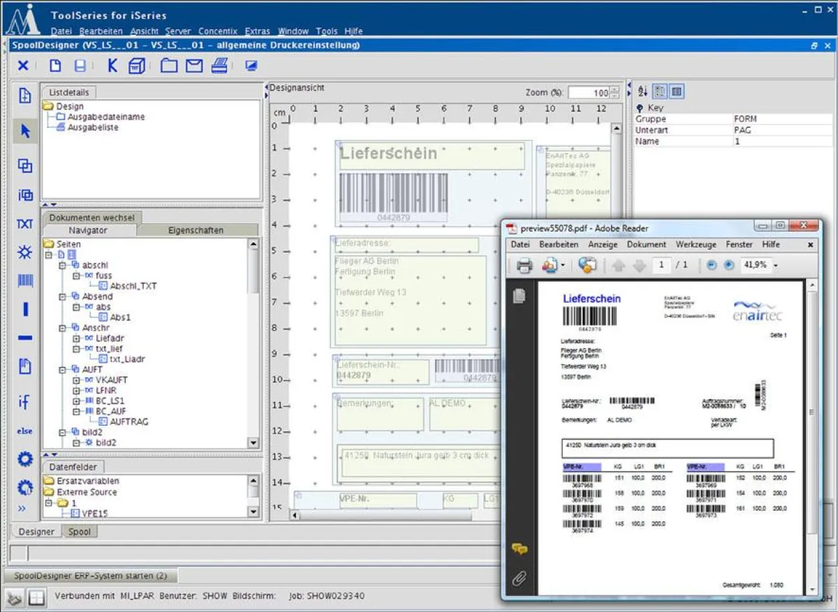 SpoolDesigner: Bildschirmoberfläche mit Live-Vorschau und PDF-Ausgabe