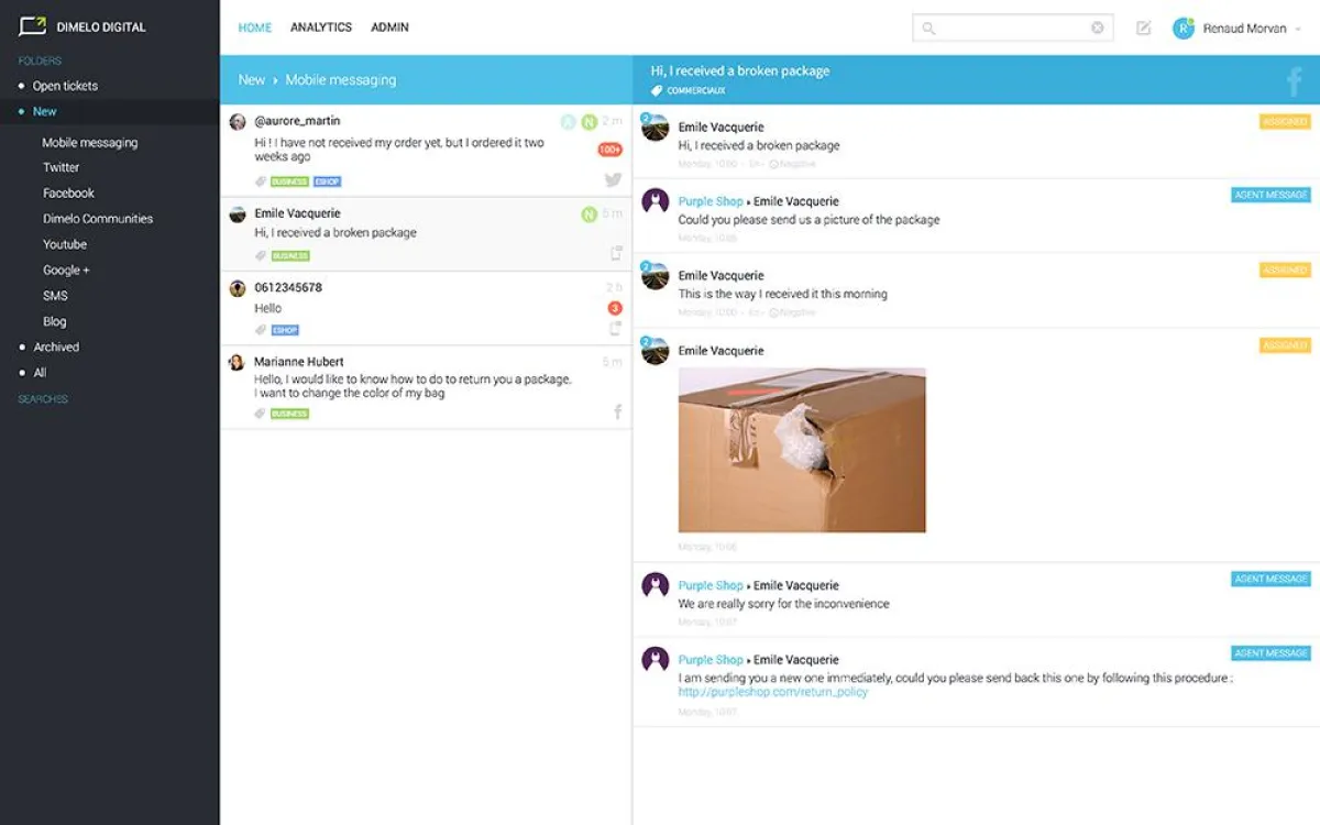 Steuerung über das Kontakt-Center Dimelo Digital: Die Instant Messaging-Nachrichten werden im selben