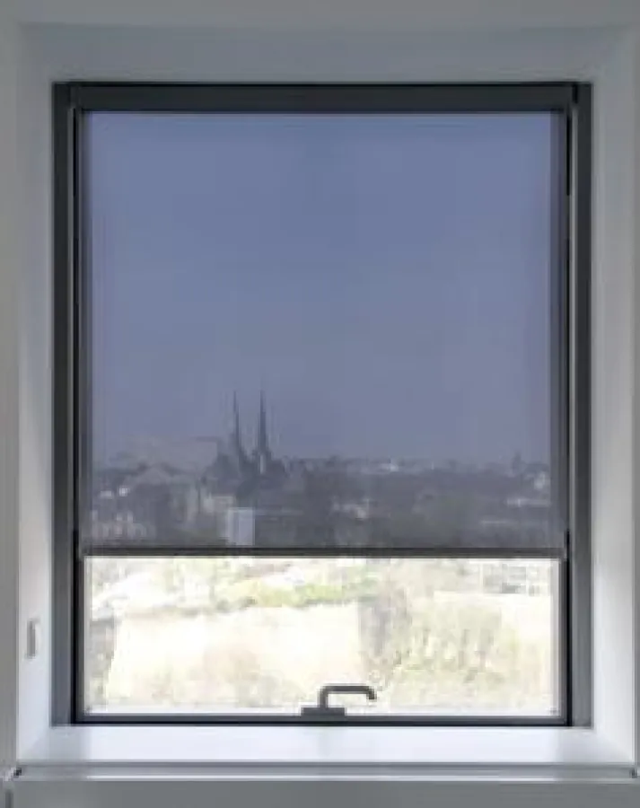 Verglasung: Climaplus V1,1N; Folienrollo: Folie SiAt023; fc=0,46; Außenraffstore: fc=0,25; Windabschaltung bei 6 m/s, Lamellen silberfarben; Lamellenvorhang: weißer Stoff, fc=0,8