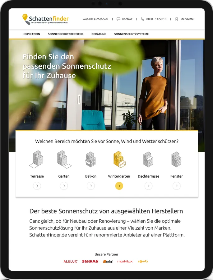 Mit dem „Schattenfinder“ gibt es die erste hochwertige Onlineplattform zum Thema Sonnenschutz. (© markilux)
