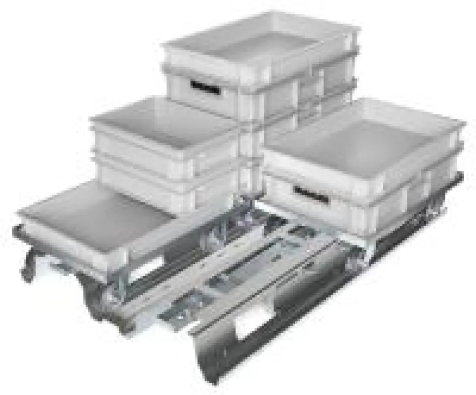 Transport- und Lagerpalette LEANpallet(C) mit 3 Bodenroller beladen.