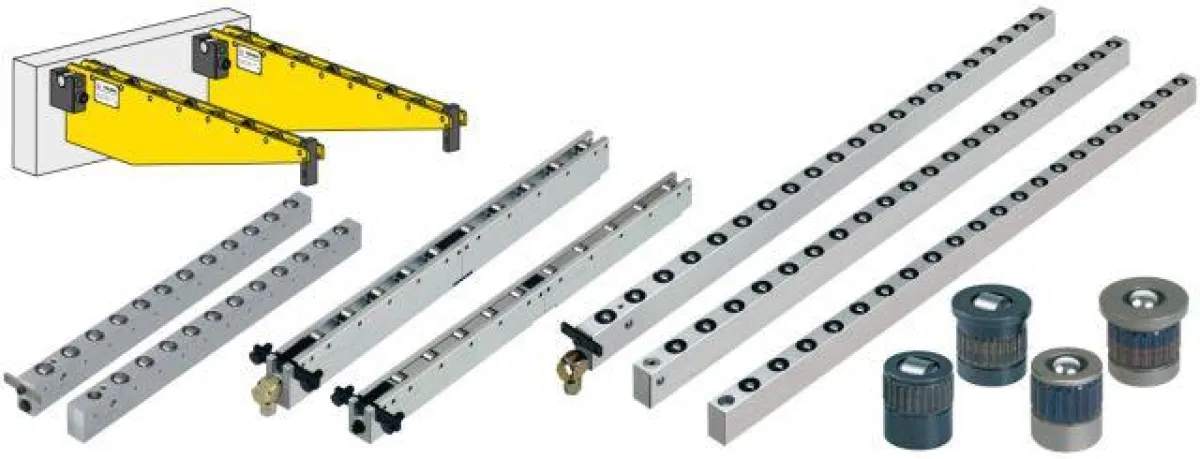 Zu den vorgestellten Innovationen zählen neue Rollen- und Kugelleisten mit flexiblen, milimetergenau frei wählbarem Rollen- und Kugelabstand für mittlere und hohe Traglasten sowie einzelne Rolleninser