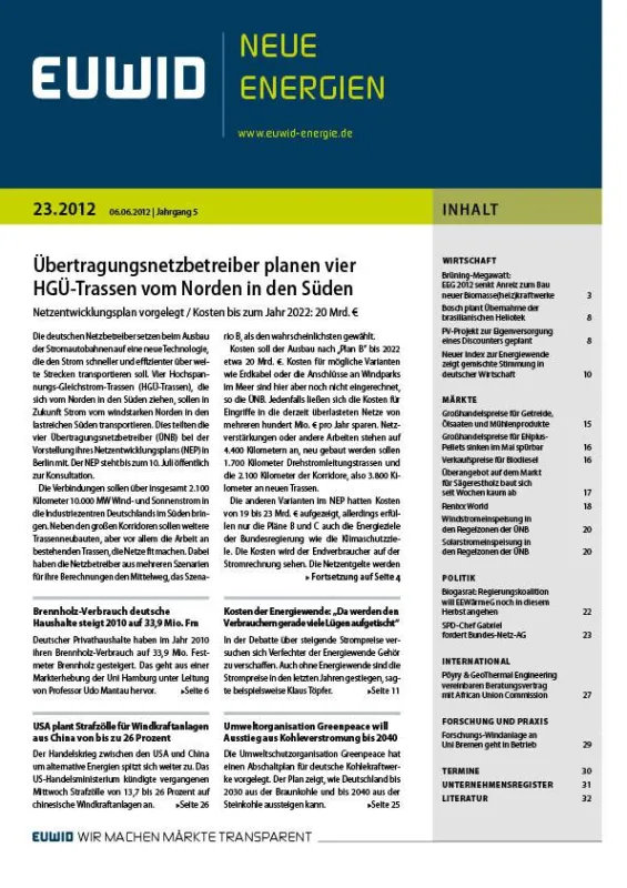 EUWID Neue Energien 23/2012 ist am 6. Juni 2012 erschienen