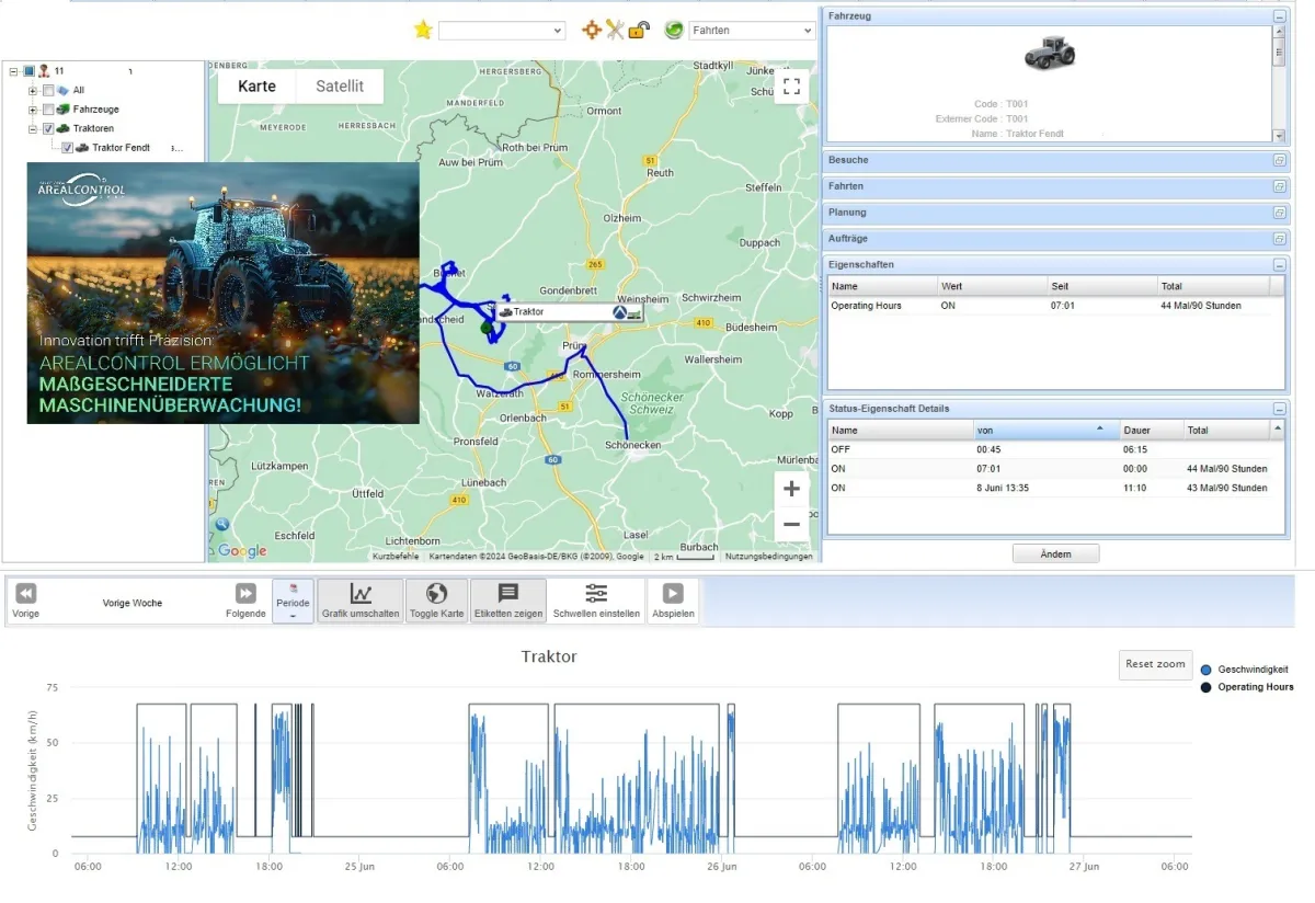 Maschinenstunden live & online durch Telematik, Kartenansicht im Portal mit Details. (© Screenshot / Foto: AREALCONTROL GmbH)