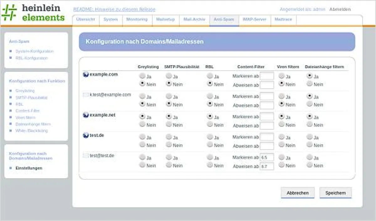 Webinterface Heinlein Anti-Spam