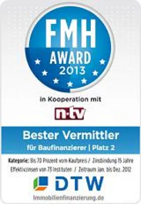 Bild: DTW-Immobilienfinanzierung mit Spitzenplätzen beim „FMH-Award 2013“ ausgezeichnet