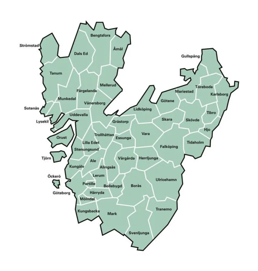 Die Illustration zeigt eine Karte des Gebietes, das von Västtrafik abgedeckt wird. Quelle: Västtrafik