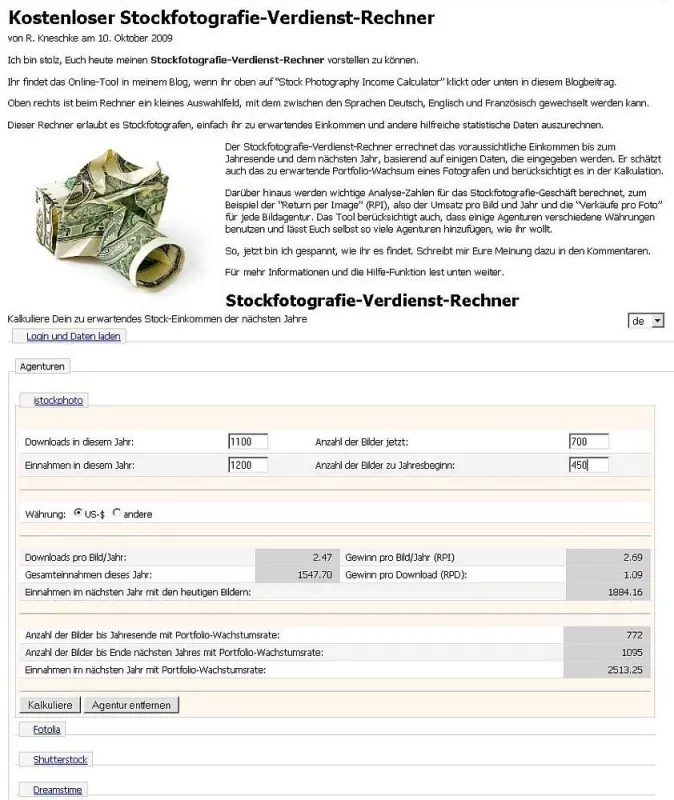 Screenshot des Verdienst-Rechners