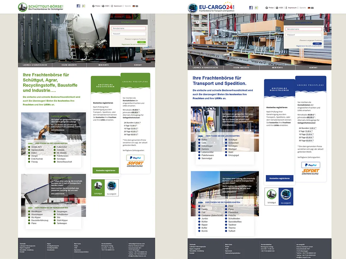 Die Frachtenbörsen www.schuettgut-boerse.com und www.eu-cargo24.com (© Diversa Hambach GmbH)