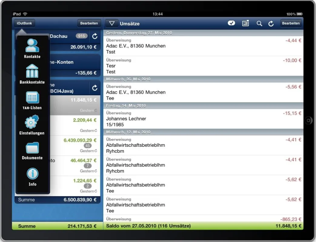 Saldoübersicht der Konten in iOutBank auf dem iPad