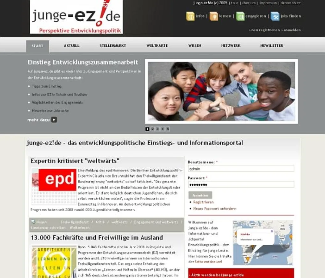 Neuigkeiten, Jobs, Infos und Community: Die Startseite des Internetportals junge-ez.de.