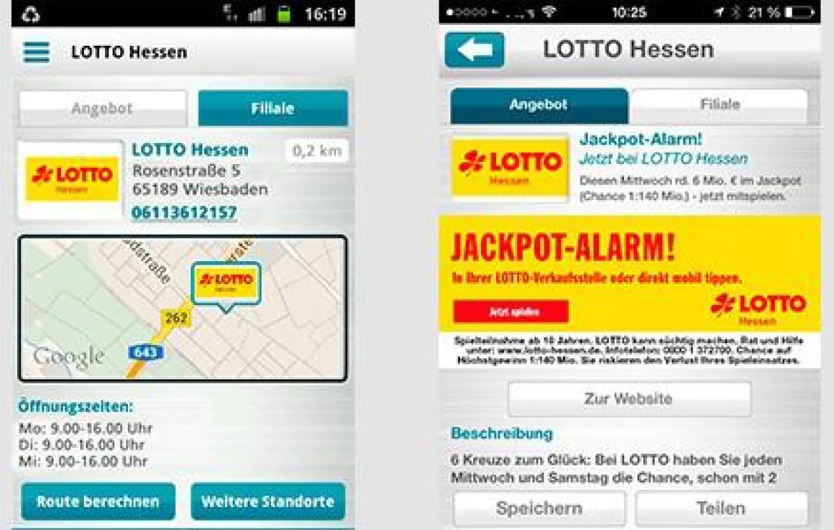 Mobile-App Gettings zeigt Verkaufsstellen von LOTTO Hessen und Jackpothöhen an