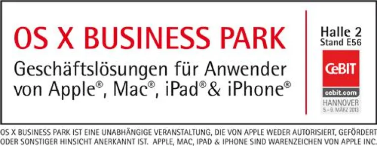 Themenpark zu Business- & IT-Lösungen für Mac, iPad und iPhone auf der CeBIT 2013 Bild: Themenpark zu Business- & IT-Lösungen für Mac, iPad und iPhone auf der CeBIT 2013