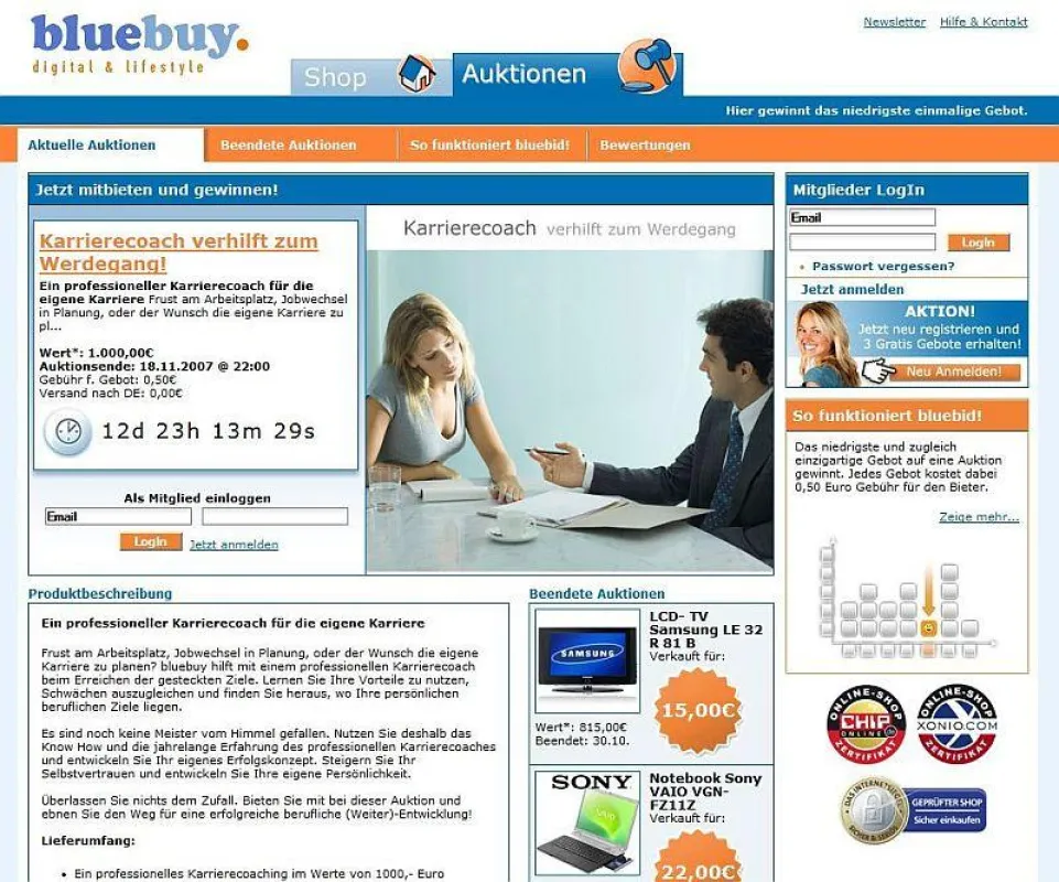 Auktionsportal bluebuy versteigert Karrierecoach