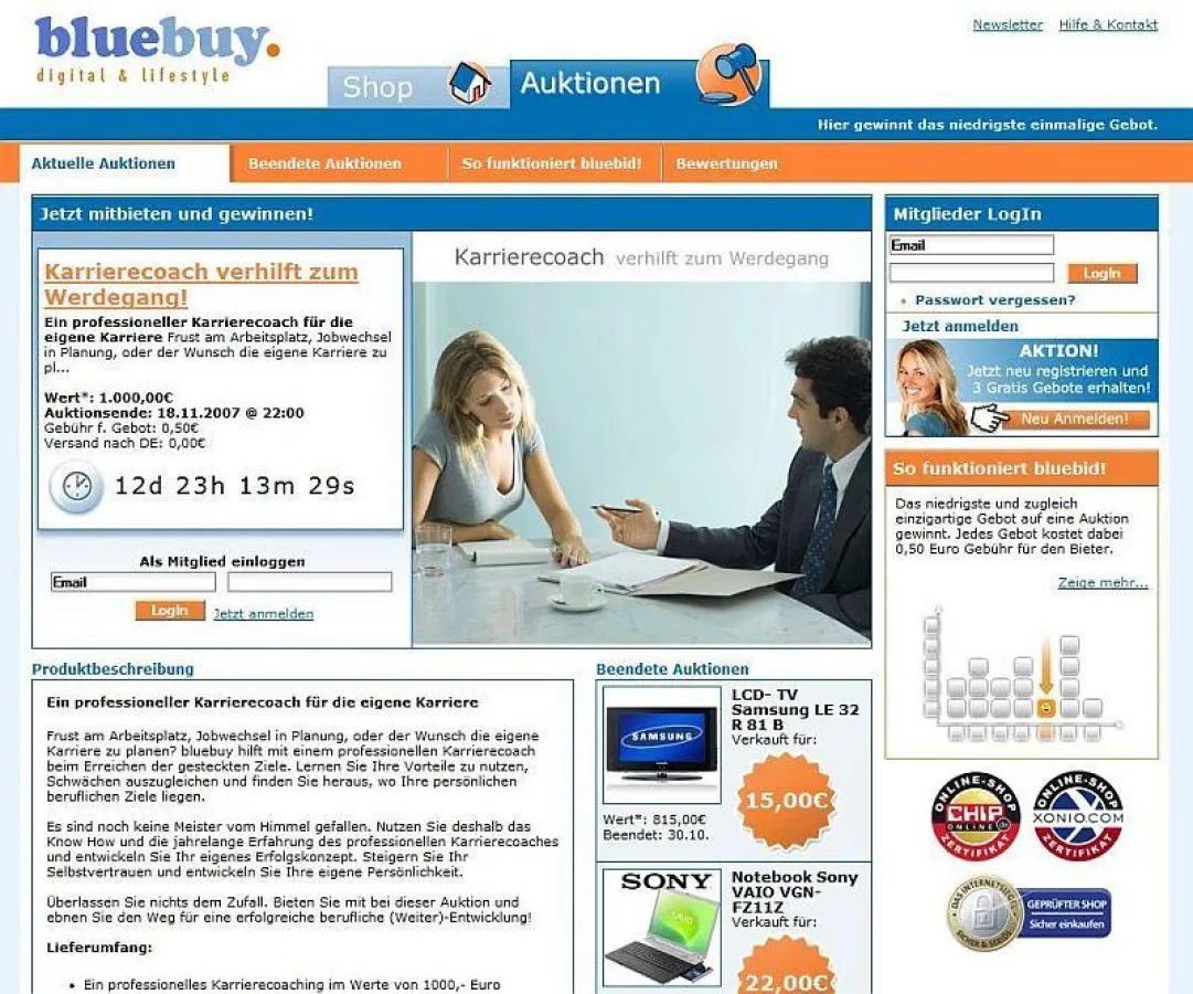 Auktionsportal bluebuy versteigert Karrierecoach