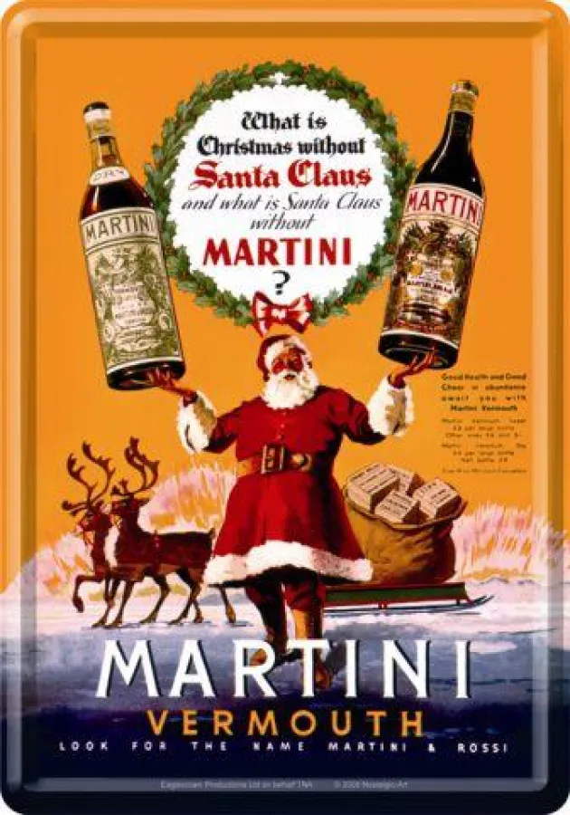 Nicht nur zu Weihnachten ein echtes Schmuckstück für jede Hausbar: Das historische Werbe-Motiv von Martini wurde von Nostalgic-Art stilecht neu auf Blech gebannt.
