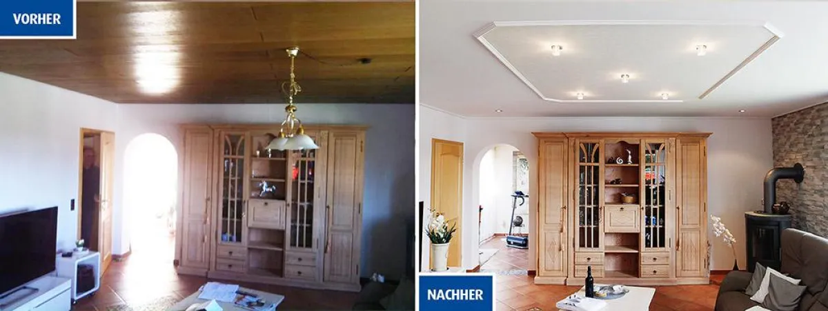 Diese Decke wurde mit PLAMECO-Decke ohne Abriss der Holzdecke erneuert.