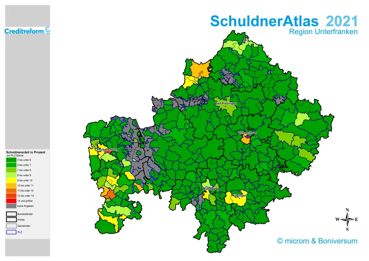 Karte SchuldnerAtlas 2021 Region Unterfranken