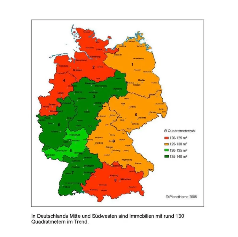 In Deutschlands Mitte und Südwesten sind Immobilien mit rund 130 Quadratmetern im Trend.