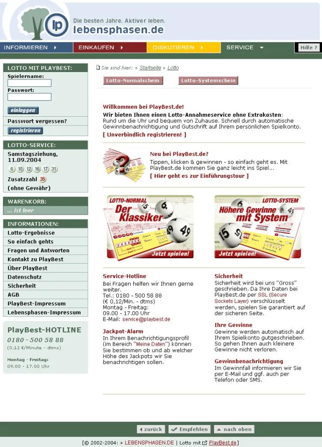 Ansicht der Online-Lottoannahmestelle des Senioren-Portals Lebensphasen.de