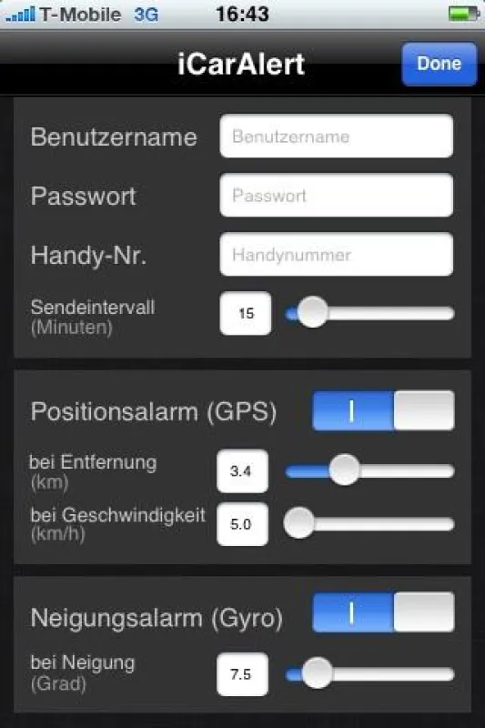 iCarAlert Setup-Screen