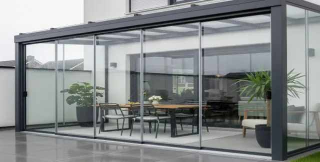 Bild: Verlängern Sie die Gartensaison – Flexibler Wetterschutz mit Glasschiebeelementen.