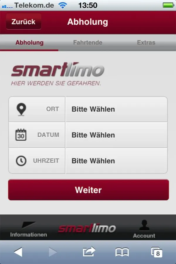 smartlimo App von M-Way Solutions zur Buchung von Chauffeur-Services.