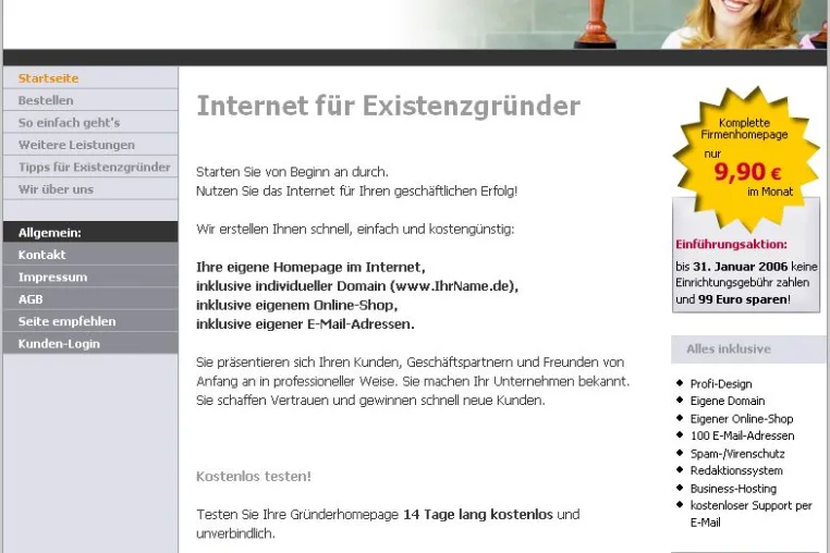 Bild: Homepage für Existenzgründer: Schnellentschlossene können noch 99 Euro sparen