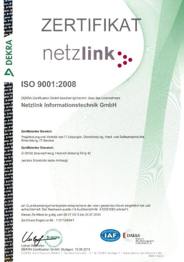 Netzlink ist zertifiziert gemäß ISO 9001:2008 für ein herausragendes Qualitätsmanagement.
