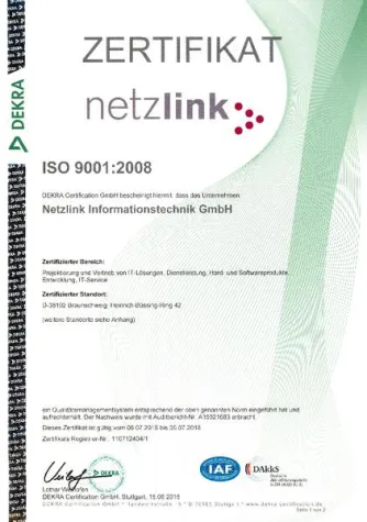 Bild: Netzlink erfolgreich rezertifiziert gemäß ISO 9001:2008