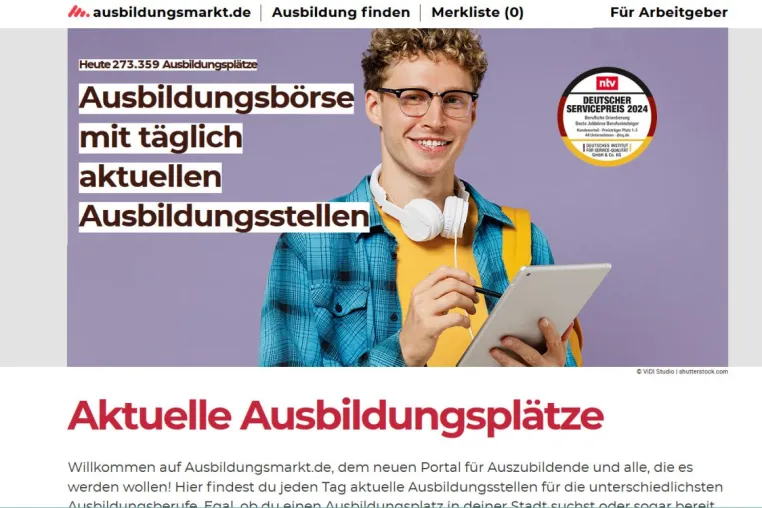 Ausbildungsmarkt.de erhält Deutschen Servicepreis 2024 in der Kategorie 'Berufliche Orientierung Bild: Ausbildungsmarkt.de erhält Deutschen Servicepreis 2024 in der Kategorie 'Berufliche Orientierung