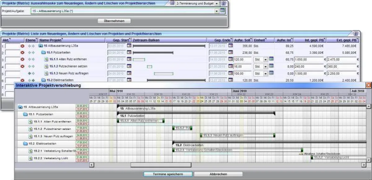 Eingabe der Projektdaten in Tabellenform mit graphischer Projektverschiebung