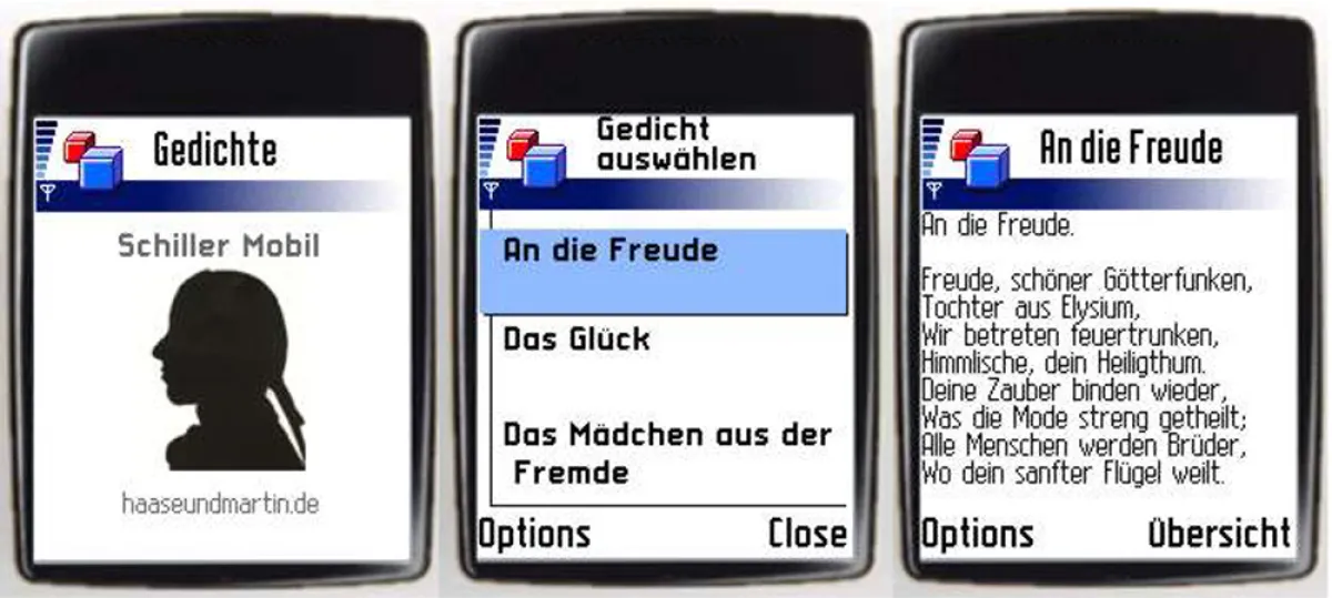 Verschiedene Programmansichten von Schiller mobil v1.0