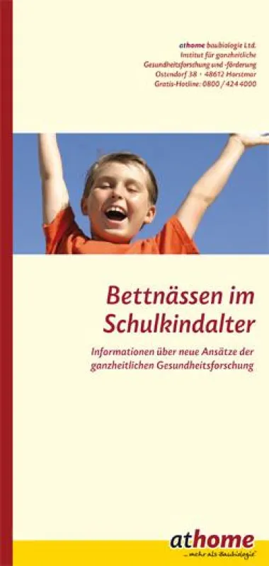 Die Titelseite des Bettnässen-Info-Flyers, der kostenlos bei athome baubiologie angefordert werden kann.