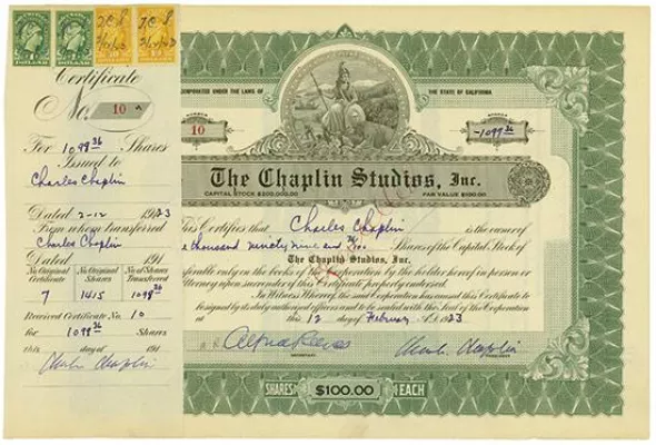 Bild: HWPH AG versteigert Aktie der Chaplin Studios mit dreifacher Original-Signatur von Charlie Chaplin