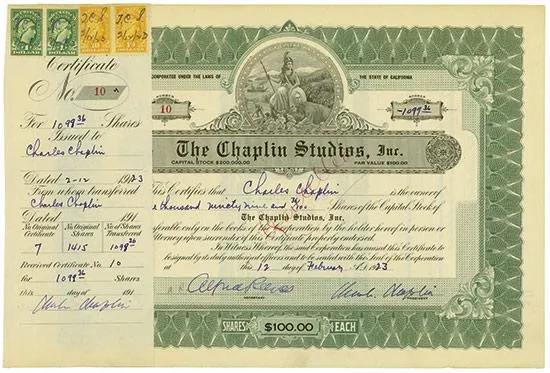 Bild: HWPH AG versteigert Aktie der Chaplin Studios mit dreifacher Original-Signatur von Charlie Chaplin