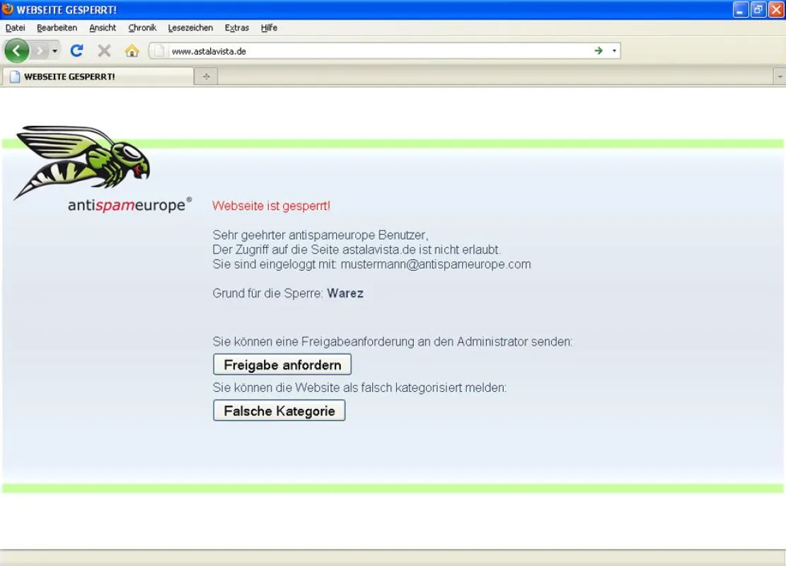 Der antispameurope Webfilter Service sperrt den Zugang zu gefährlichen und unerwünschten Webseiten