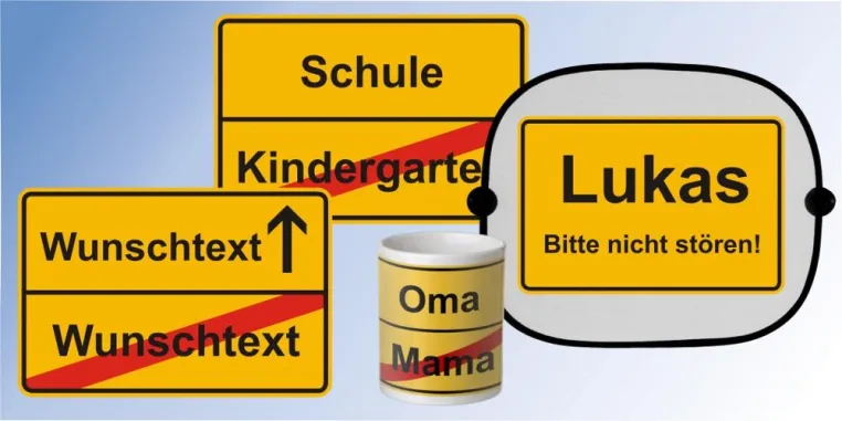 Bild: Individuell gestylte Ortsschilder auf Aufklebern, Tassen und Sonnenblenden von MY-BABY-SHOP.com