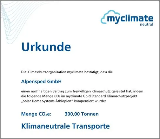 Alpensped kompensiert 300 Tonnen CO2e Bild: Alpensped kompensiert 300 Tonnen CO2e