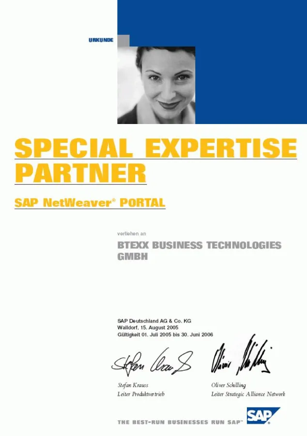 Urkunde der SAP zur Special Expertise Partnerschaft